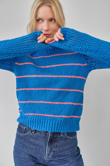 Textured Crewneck Sweater in color Cobalt/Nectar Stripe Image A3