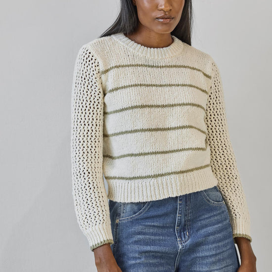 Textured Crewneck Sweater in color Sage/Ivory Stripe Image A1
