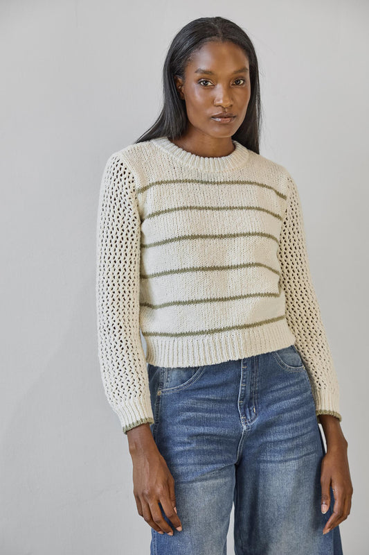 Textured Crewneck Sweater in color Sage/Ivory Stripe Image A1