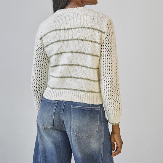 Textured Crewneck Sweater in color Sage/Ivory Stripe Image A2