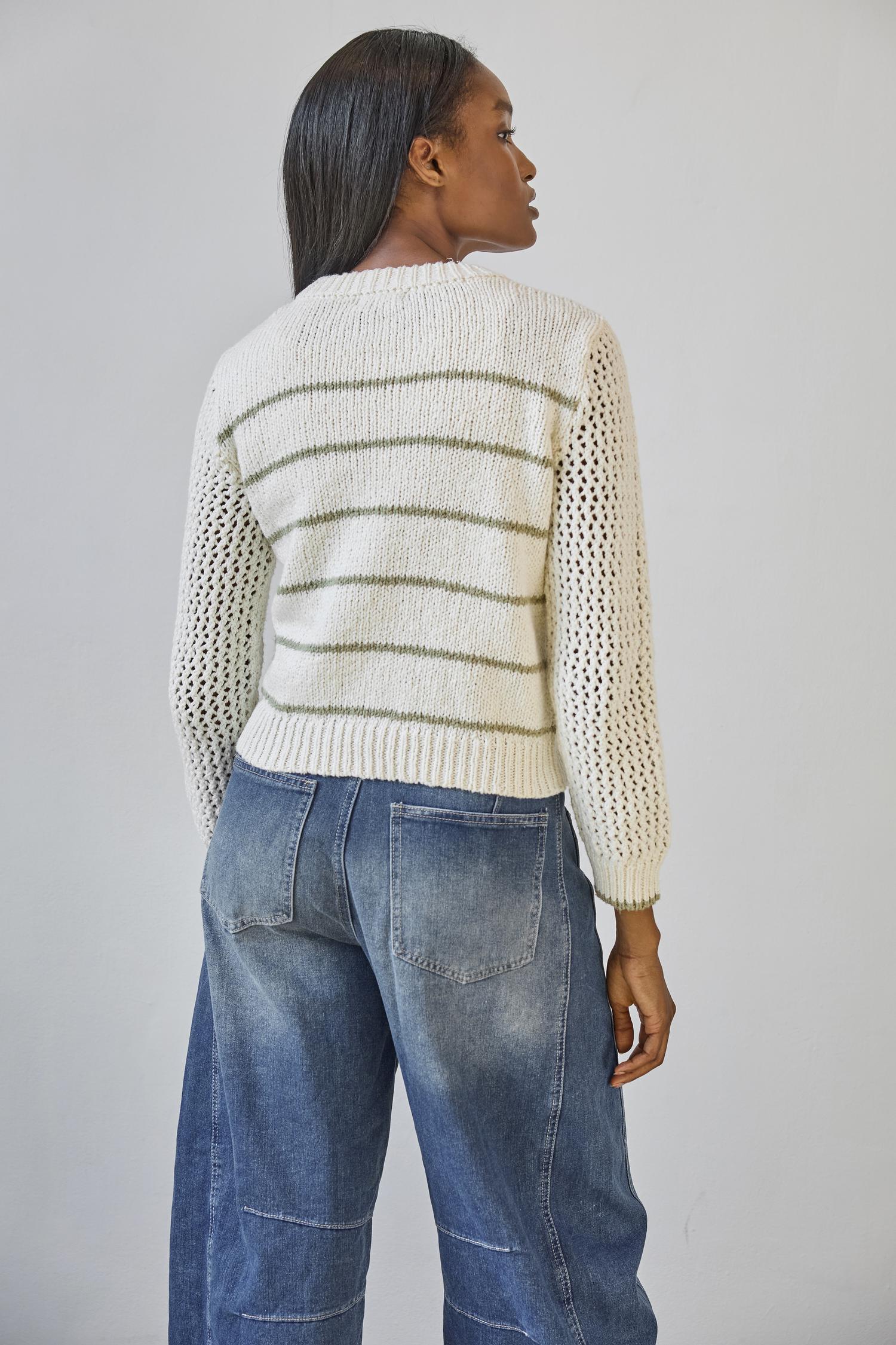 Textured Crewneck Sweater in color Sage/Ivory Stripe Image A2