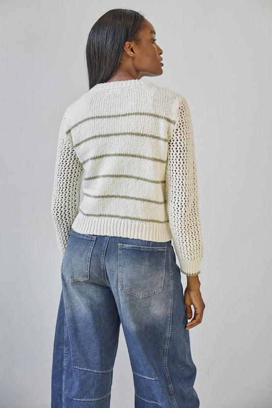 Textured Crewneck Sweater in color Sage/Ivory Stripe Image A2