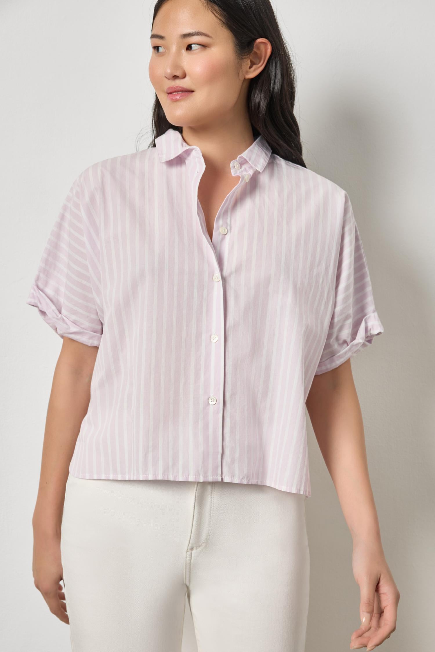 Striped Oversized Button Down Dolman Womens Top Lavender Stripe A3