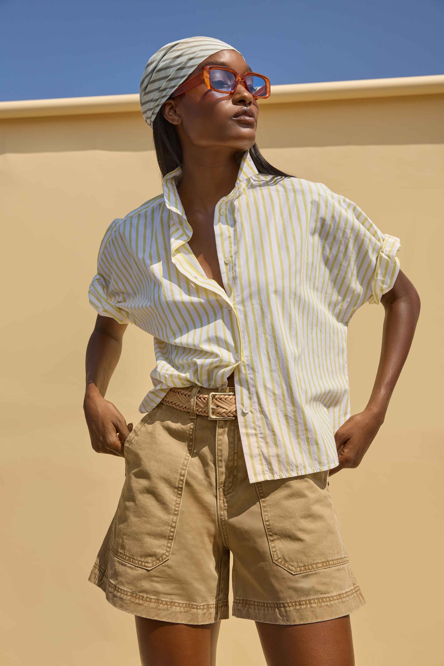 Striped Oversized Button Down Dolman in color Sunflower Stripe Image C1