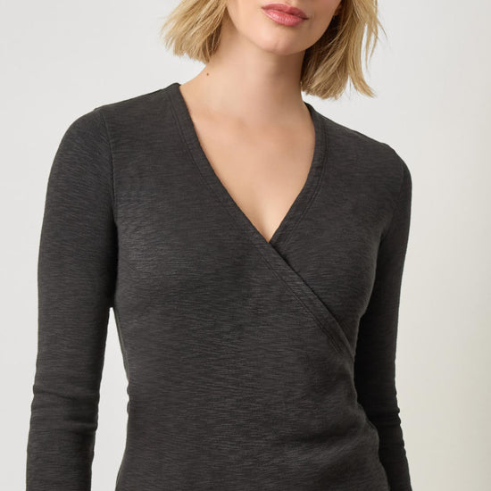 Ribbed Slub 3/4 Sleeve Surplice Womens Top Black A1