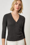 Ribbed Slub 3/4 Sleeve Surplice Womens Top Black A1