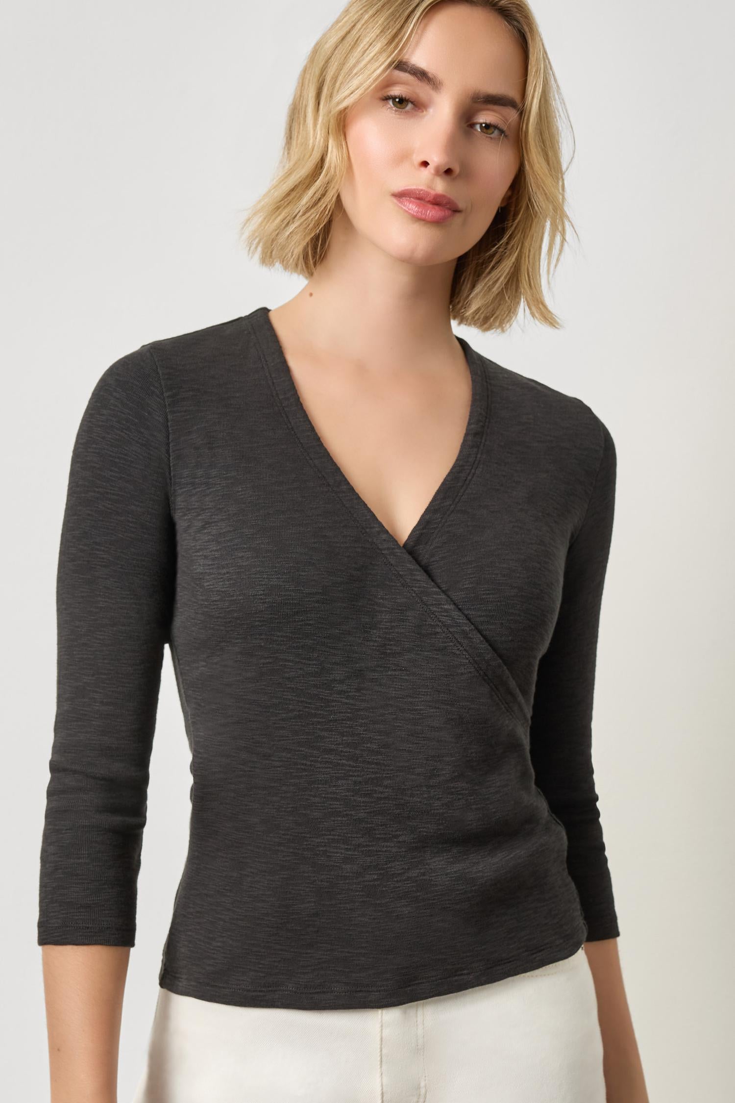 Ribbed Slub 3/4 Sleeve Surplice Womens Top Black A1