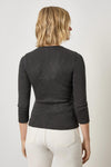 Ribbed Slub 3/4 Sleeve Surplice Womens Top Black A2