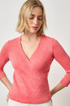 Ribbed Slub 3/4 Sleeve Surplice Womens Top Geranium A1