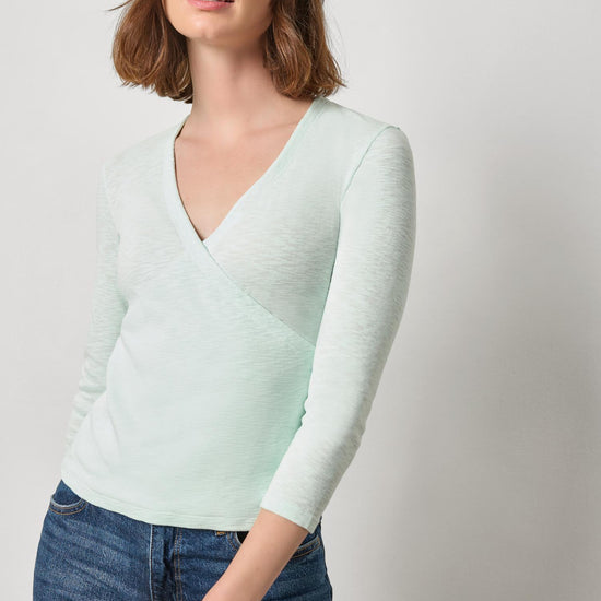 Ribbed Slub 3/4 Sleeve Surplice Womens Top Pool A1
