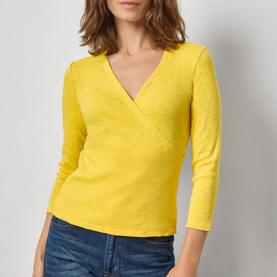 Ribbed Slub 3/4 Sleeve Surplice Womens Top Sunflower A1