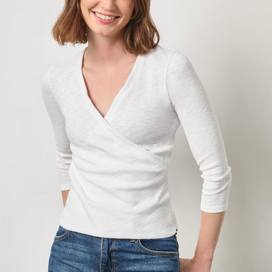 Ribbed Slub 3/4 Sleeve Surplice Womens Top White A1