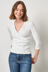 Ribbed Slub 3/4 Sleeve Surplice Womens Top White A1