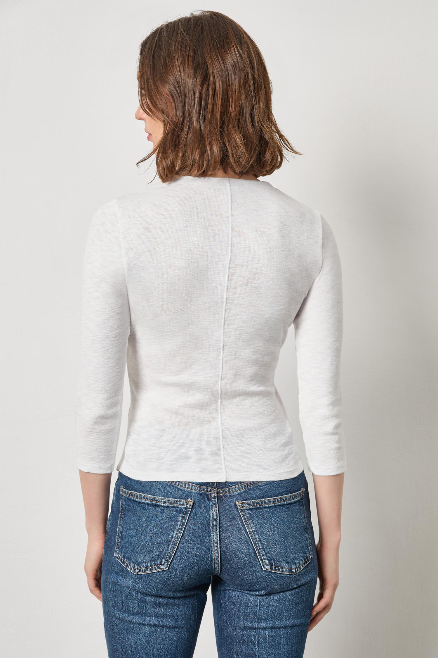 Ribbed Slub 3/4 Sleeve Surplice Womens Top White A2