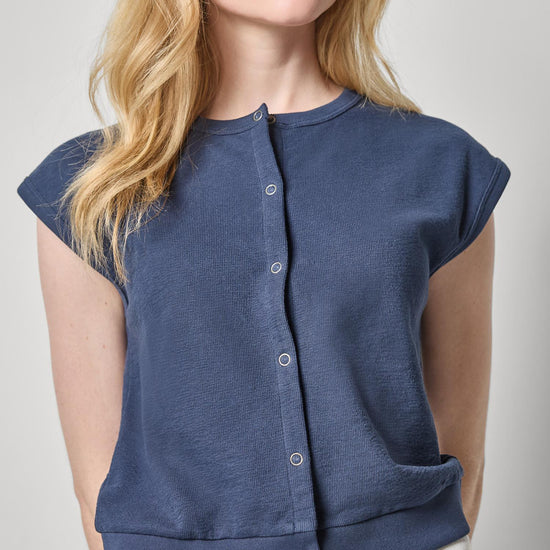 Textured Terry Sleeveless Cardigan Womens Top Navy A1