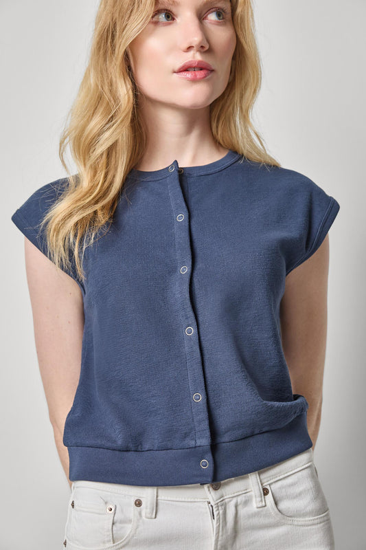 Textured Terry Sleeveless Cardigan Womens Top Navy A1