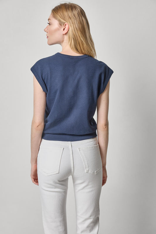 Textured Terry Sleeveless Cardigan Womens Top Navy A2