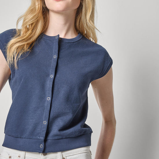 Textured Terry Sleeveless Cardigan Womens Top Navy A3