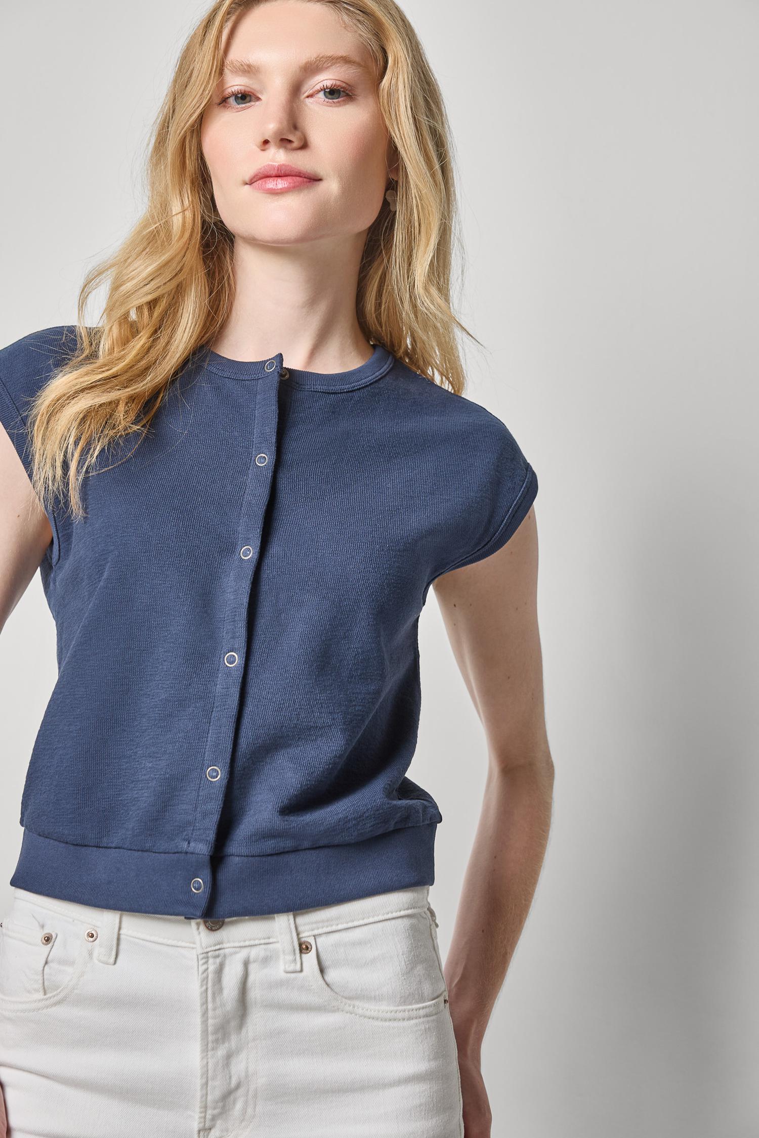 Textured Terry Sleeveless Cardigan Womens Top Navy A3