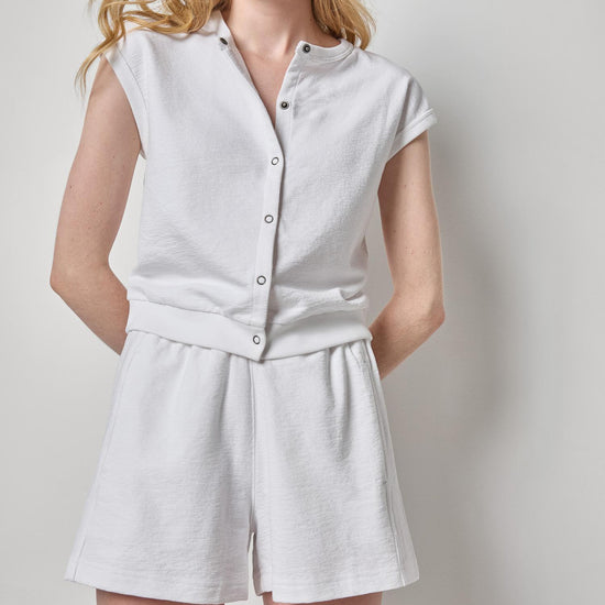 Textured Terry Sleeveless Cardigan Womens Top White A1