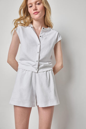 Textured Terry Sleeveless Cardigan Womens Top White A1
