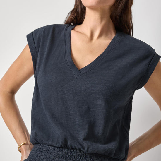 Smocked Hem V-Neck Womens Top Black A1