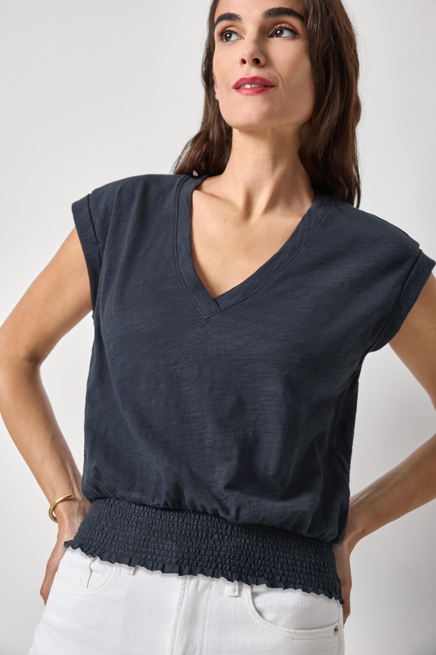 Smocked Hem V-Neck Womens Top Black A1