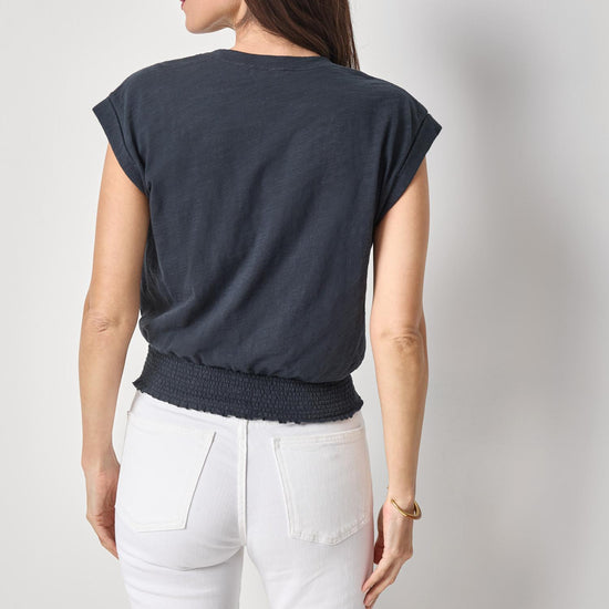 Smocked Hem V-Neck Womens Top Black A2