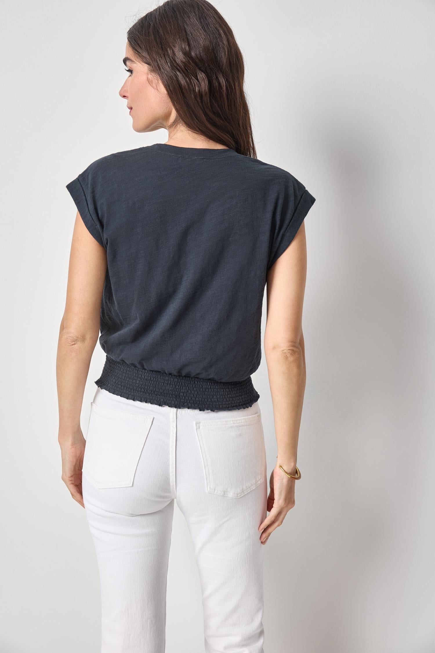 Smocked Hem V-Neck Womens Top Black A2