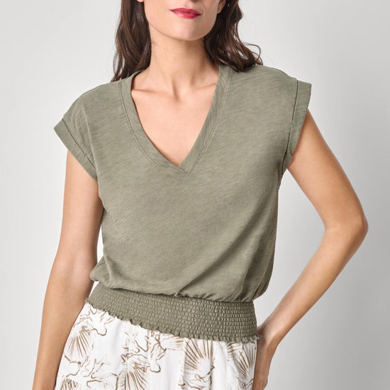 Smocked Hem V-Neck Womens Top Fern A1