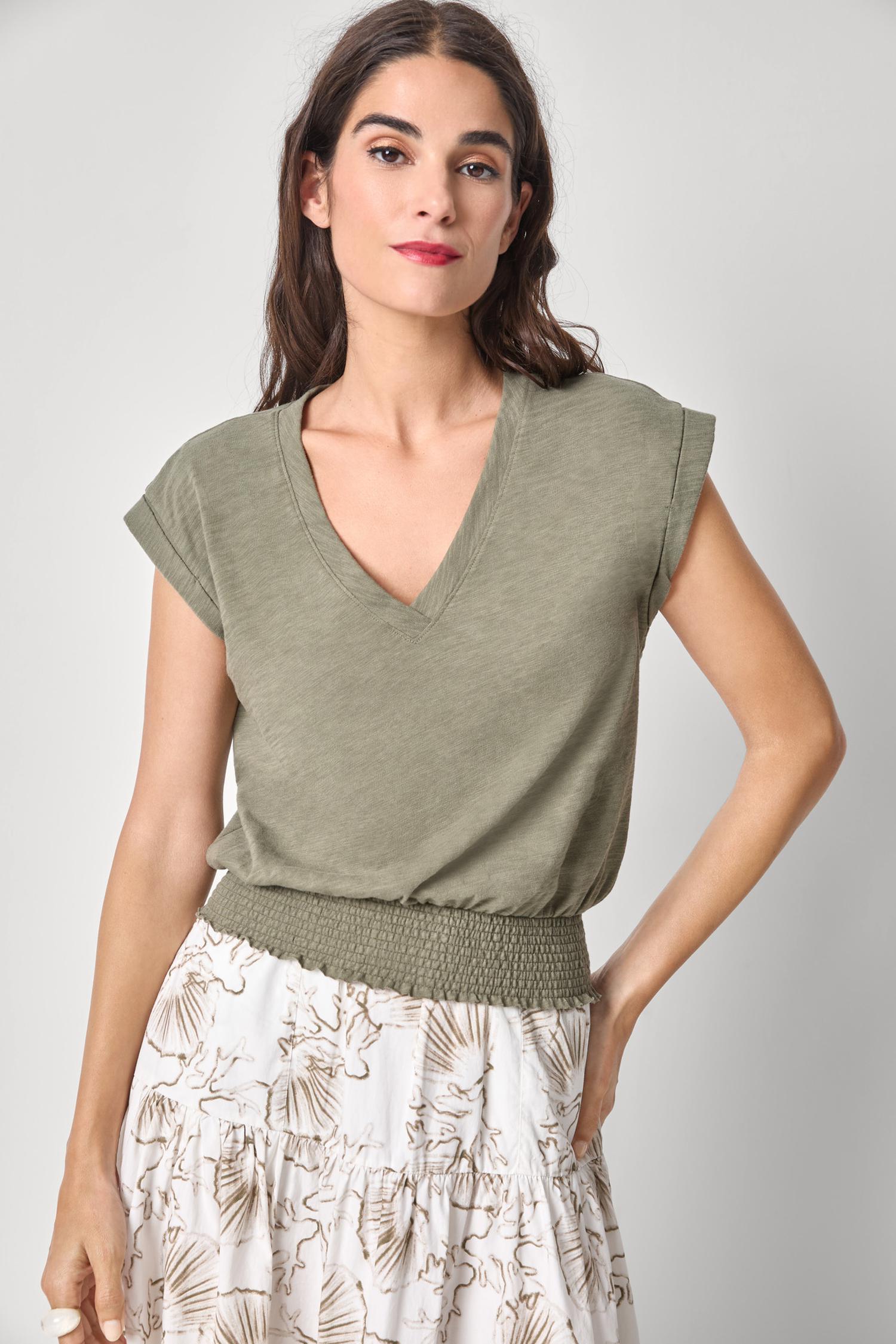 Smocked Hem V-Neck Womens Top Fern A1