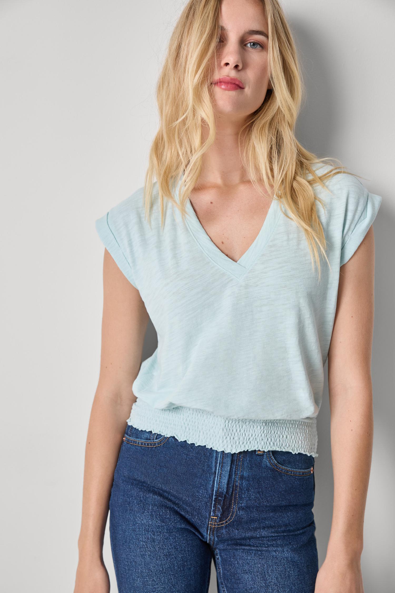 Smocked Hem V-Neck Womens Top Seabreeze A1