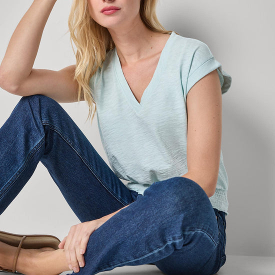 Smocked Hem V-Neck Womens Top Seabreeze A3