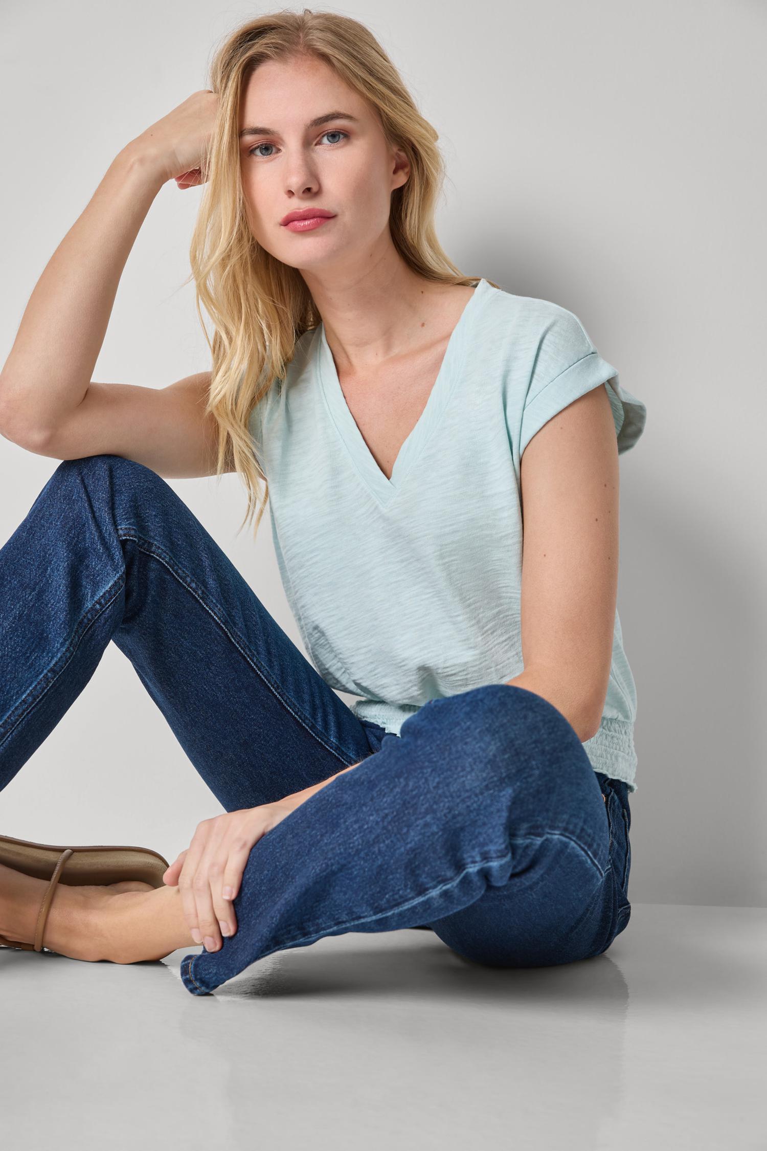 Smocked Hem V-Neck Womens Top Seabreeze A3