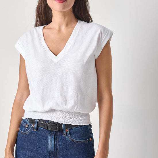 Smocked Hem V-Neck Womens Top White A1