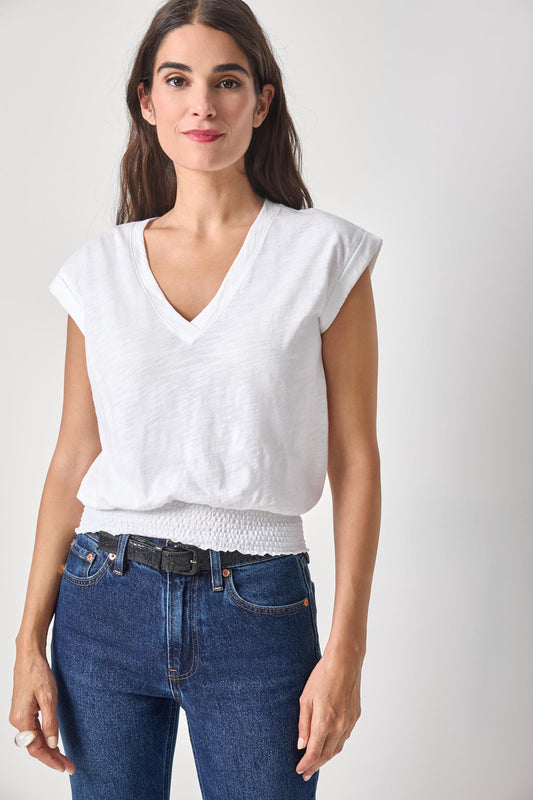 Smocked Hem V-Neck Womens Top White A1
