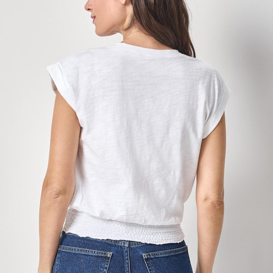 Smocked Hem V-Neck Womens Top White A2