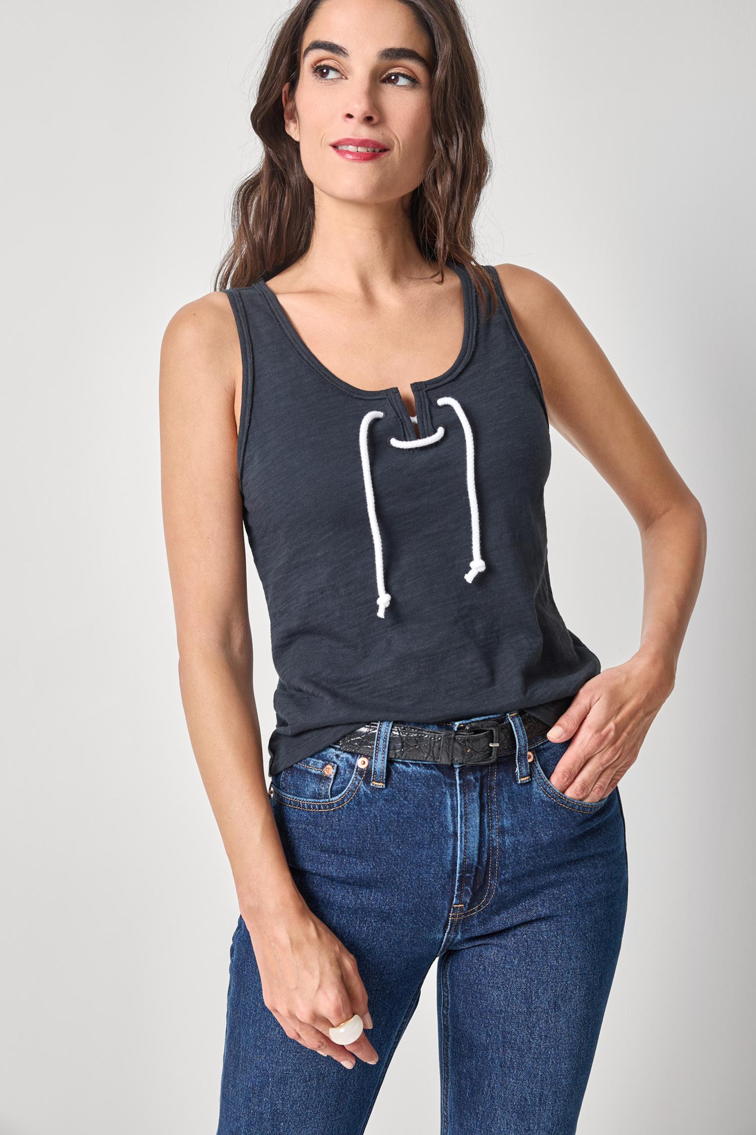 Lace Up Tank Womens Top Black A1