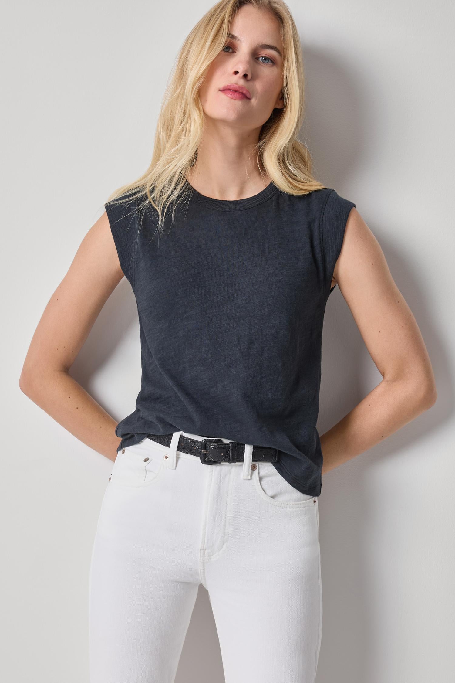 Cap Sleeve Crew Womens Top Black A1