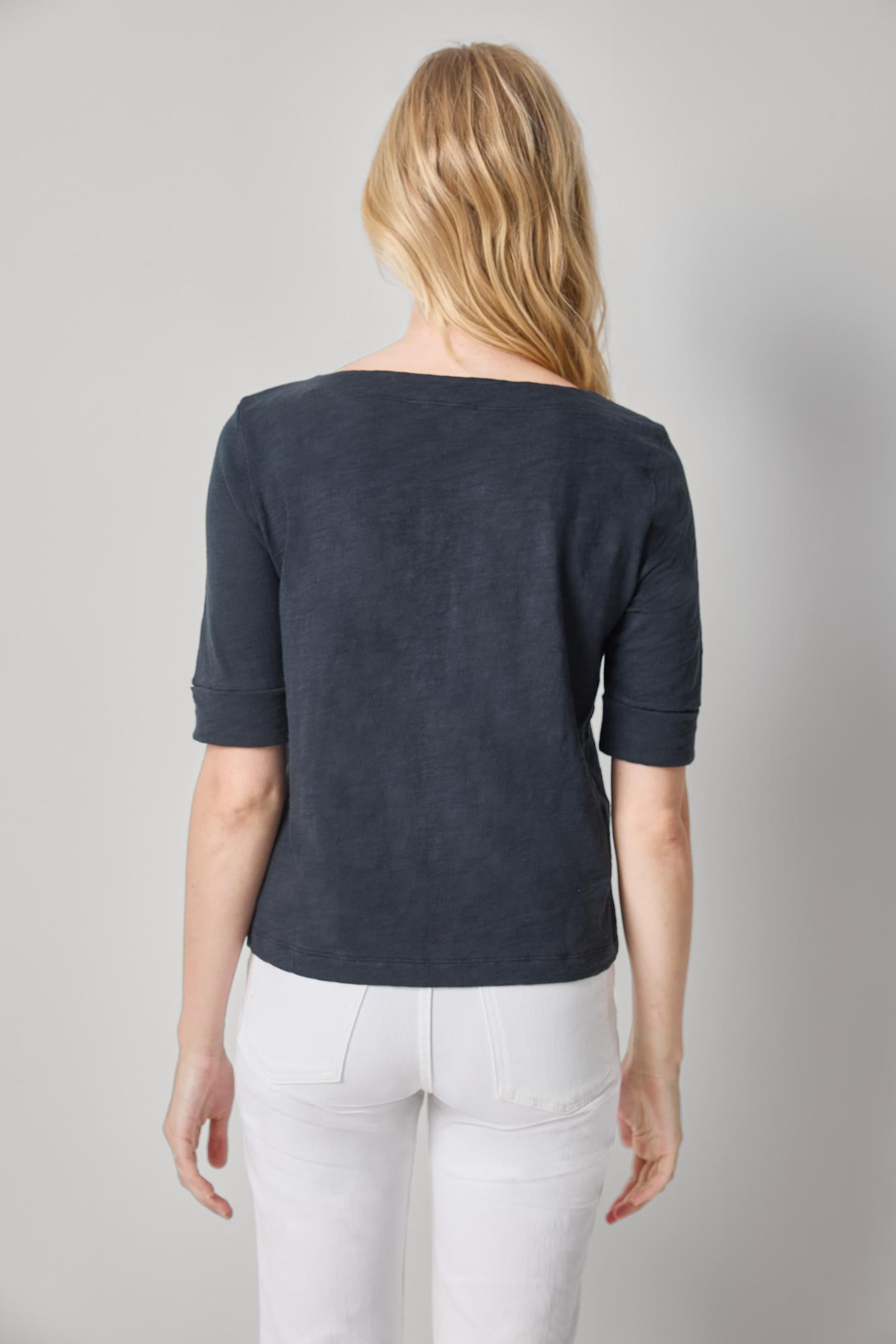 Cuffed Sleeve Boatneck Womens Top Black A2