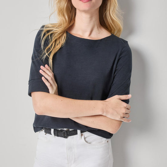 Cuffed Sleeve Boatneck Womens Top Black A3