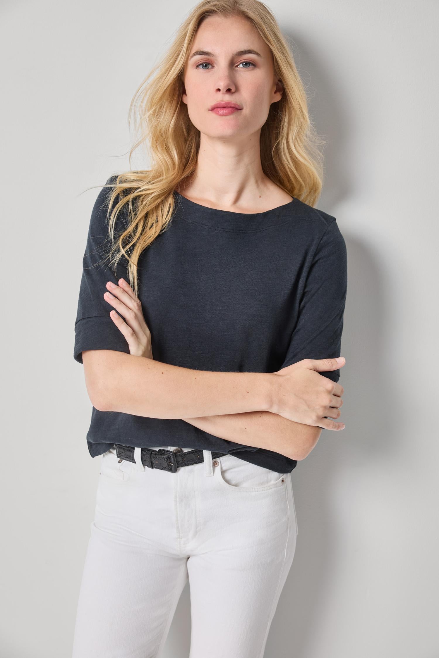 Cuffed Sleeve Boatneck Womens Top Black A3