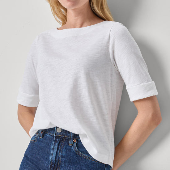 Cuffed Sleeve Boatneck Womens Top White A1