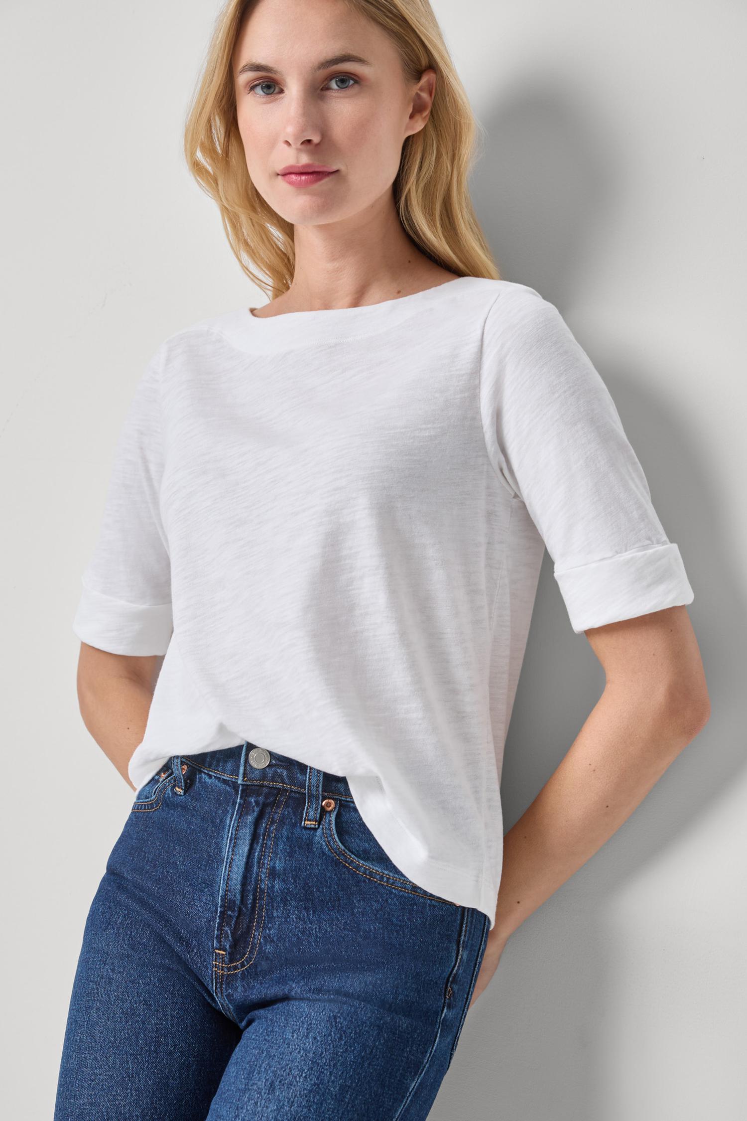 Cuffed Sleeve Boatneck Womens Top White A1