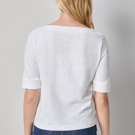 Cuffed Sleeve Boatneck Womens Top White A2