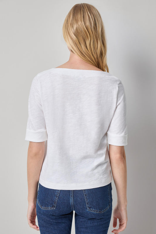 Cuffed Sleeve Boatneck Womens Top White A2