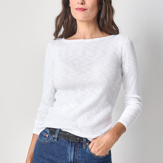 Striped Boatneck Womens Top White A1