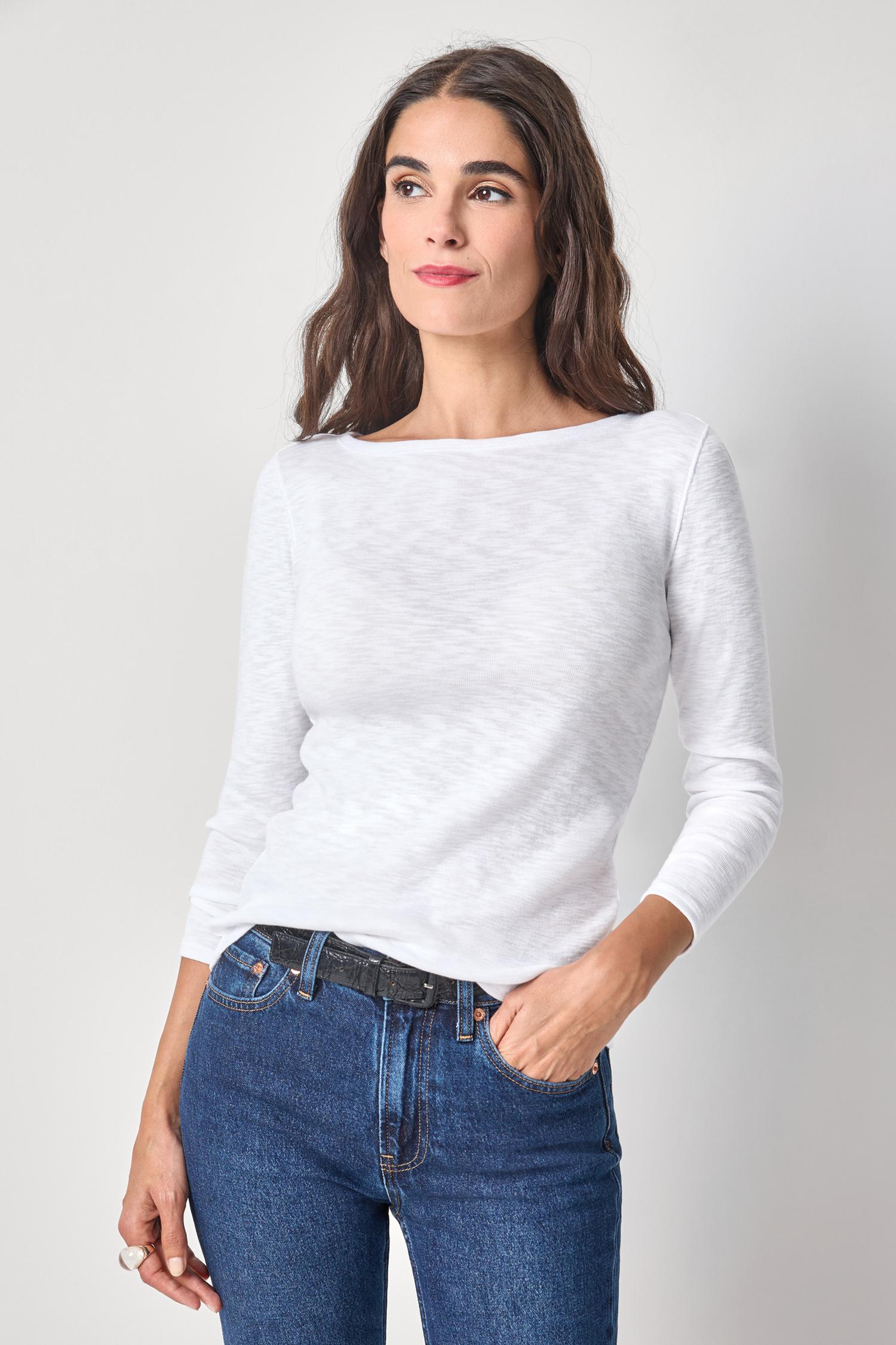Striped Boatneck Womens Top White A1