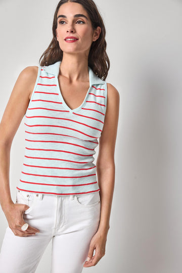 Striped Sleeveless Collared Top Womens Top Seabreeze Stripe A1