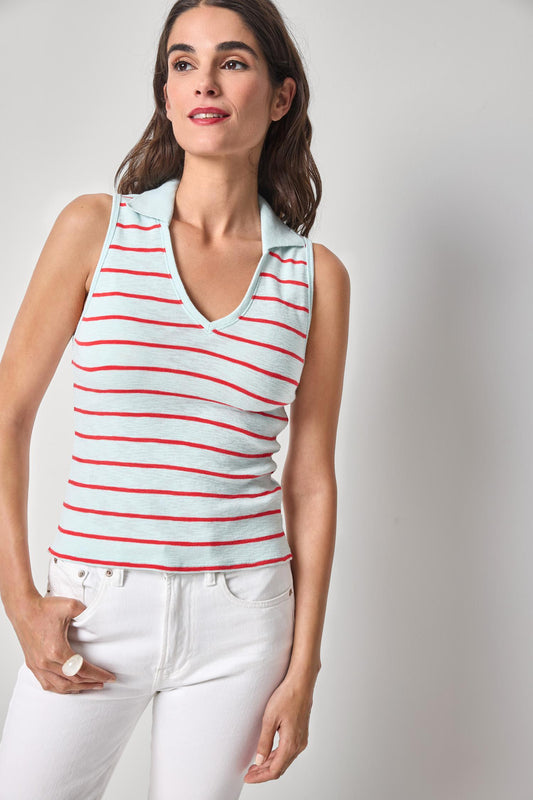 Striped Sleeveless Collared Top Womens Top Seabreeze Stripe A1